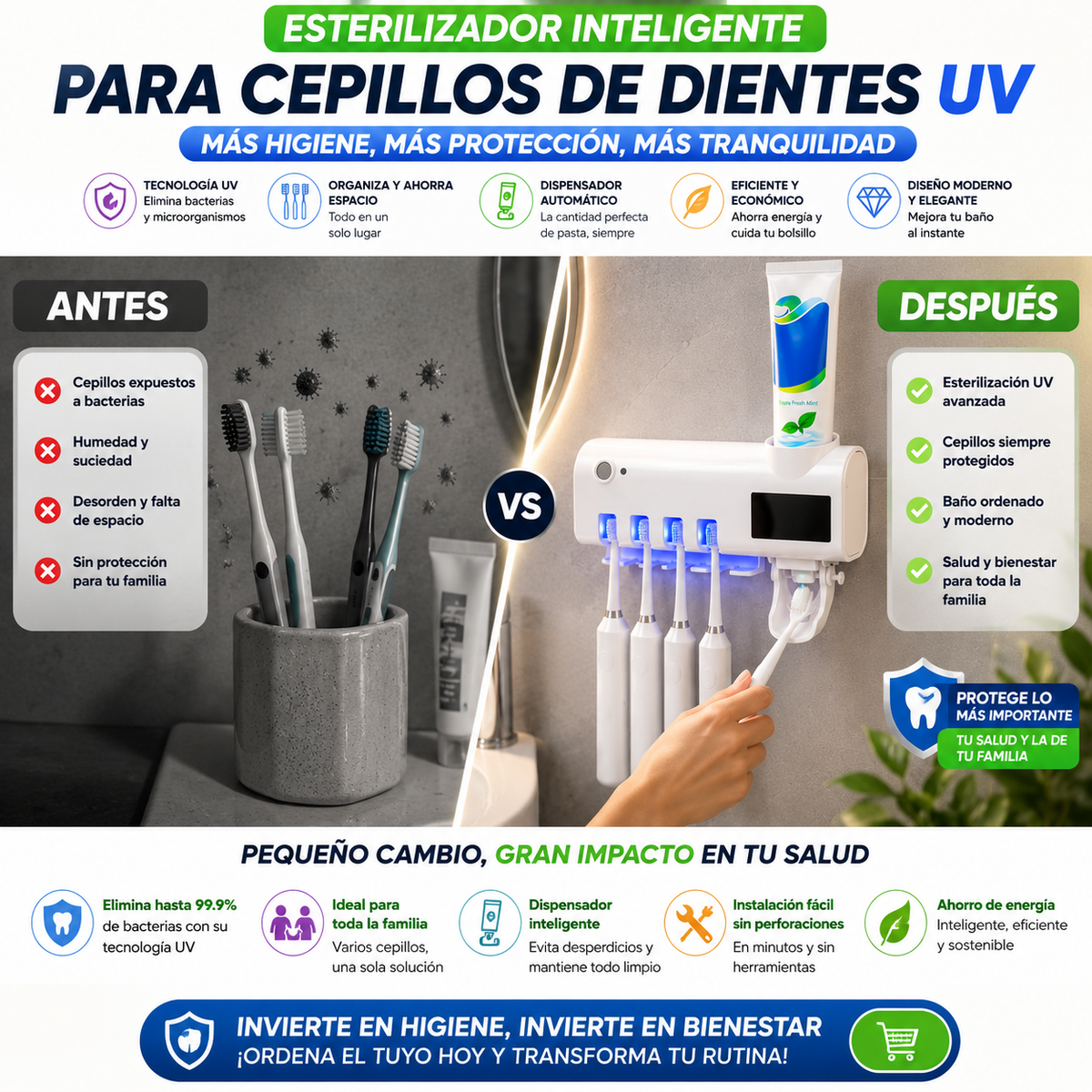 Esterilizador Inteligente para Cepillos de Dientes UV