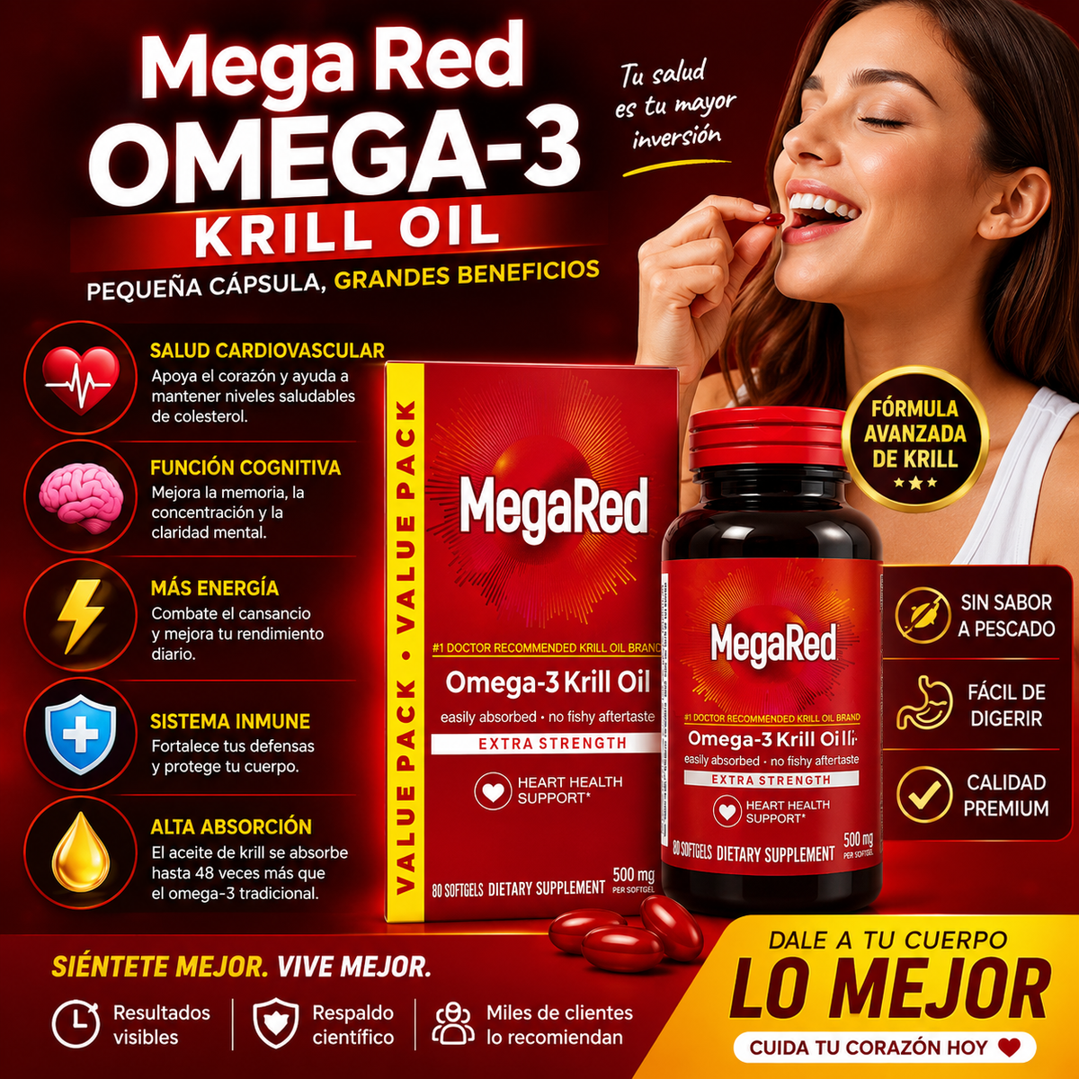 MegaRed CardioMax Omega-3 Premium - Recupera Energía, Bienestar y Protege tu Corazón cada día