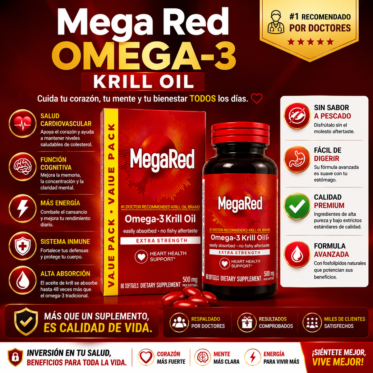 MegaRed CardioMax Omega-3 Premium - Recupera Energía, Bienestar y Protege tu Corazón cada día