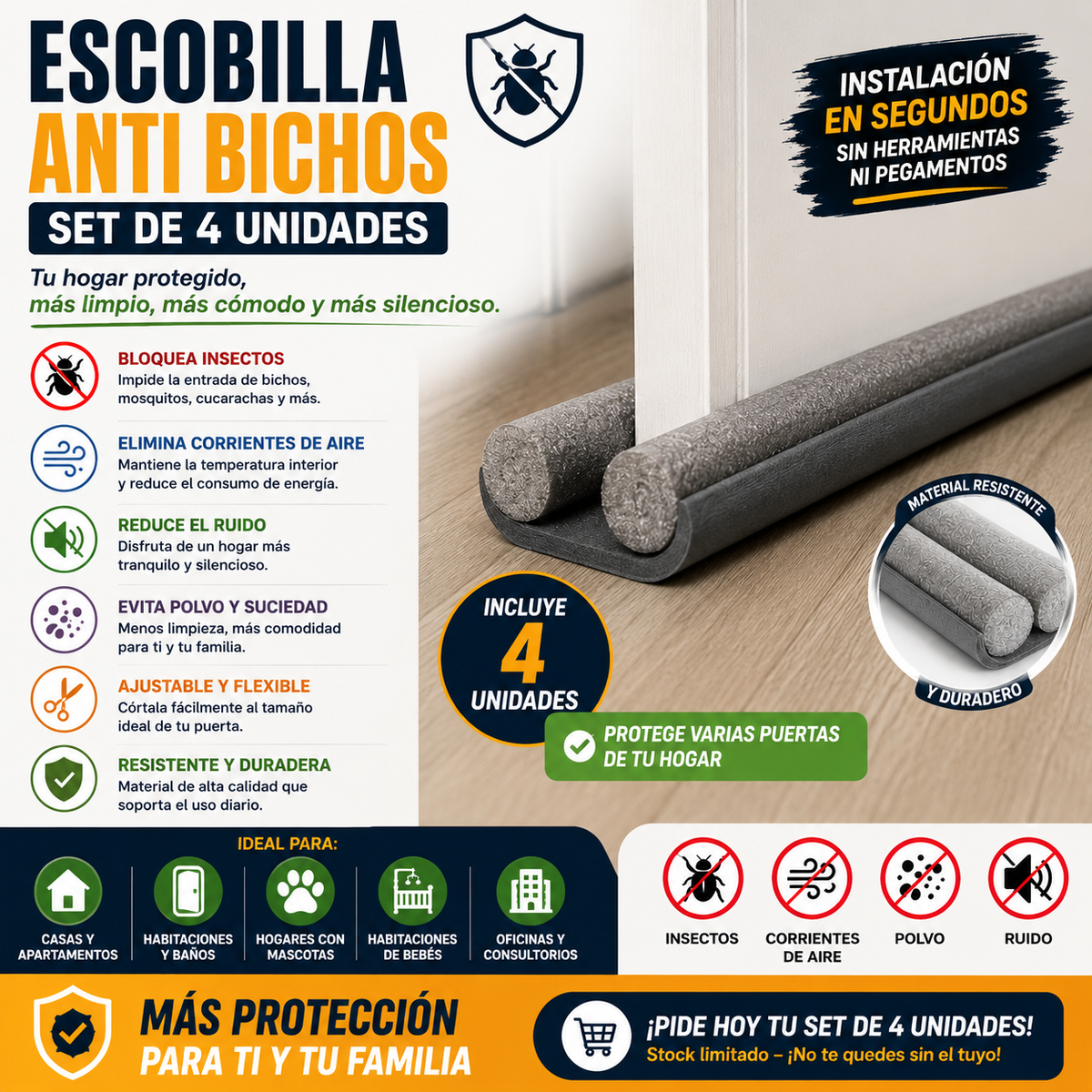 Escobilla Anti Bichos para Puertas Set de 4 Unidades