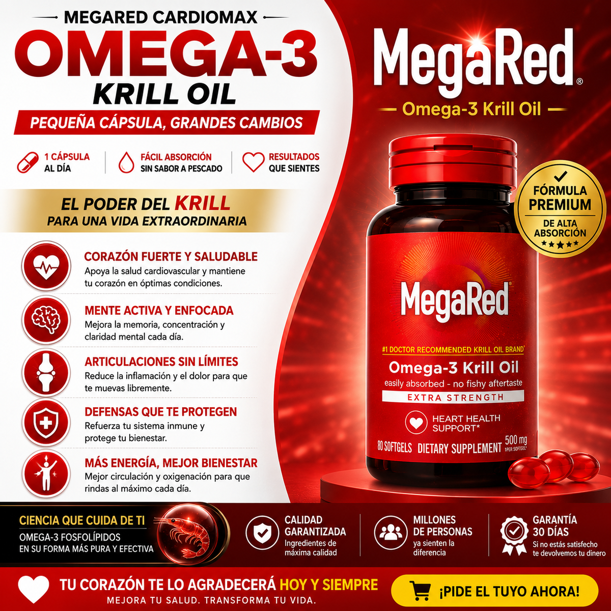 MegaRed CardioMax Omega-3 Premium - Recupera Energía, Bienestar y Protege tu Corazón cada día