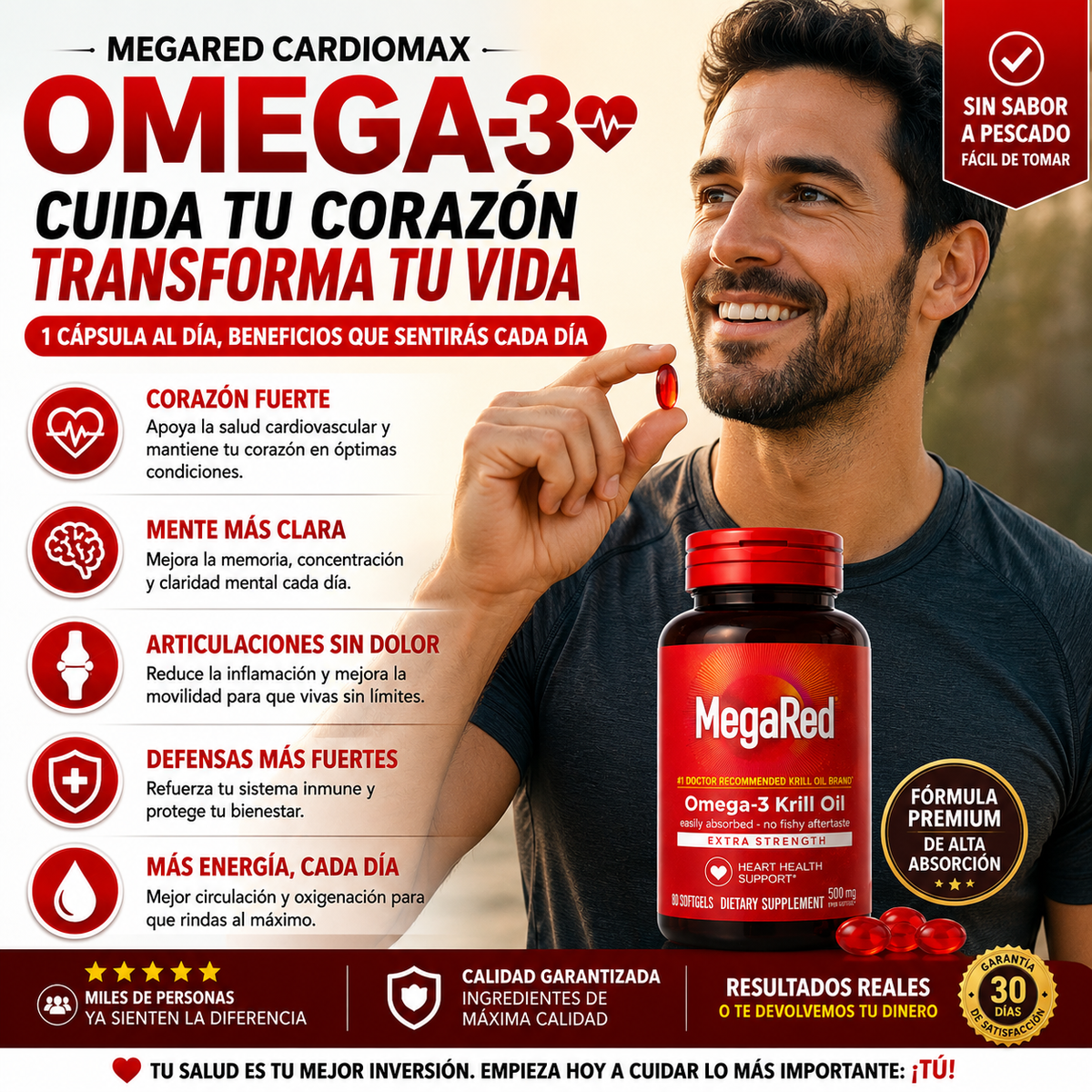 MegaRed CardioMax Omega-3 Premium - Recupera Energía, Bienestar y Protege tu Corazón cada día